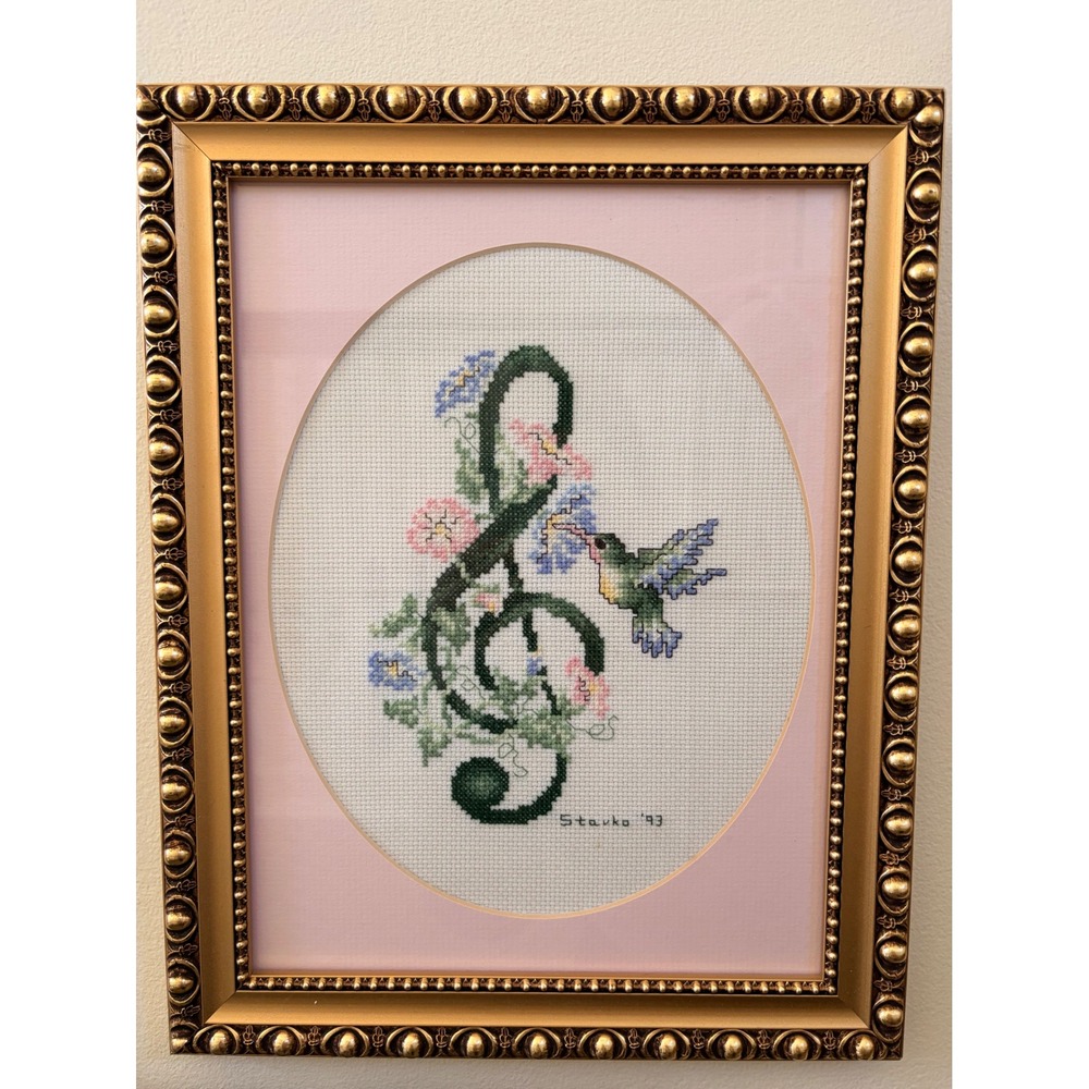 Vintage Framed Hummingbird Cross Stitch – Floral Treble Clef Needlework Art
